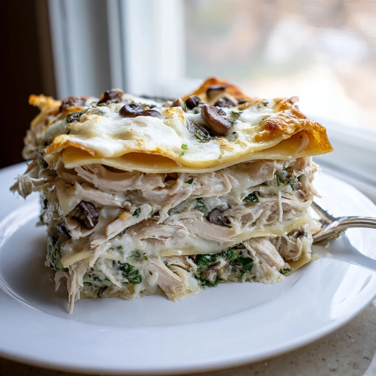 White chicken lasagna casserole fresh from the oven with melted mozzarella on top