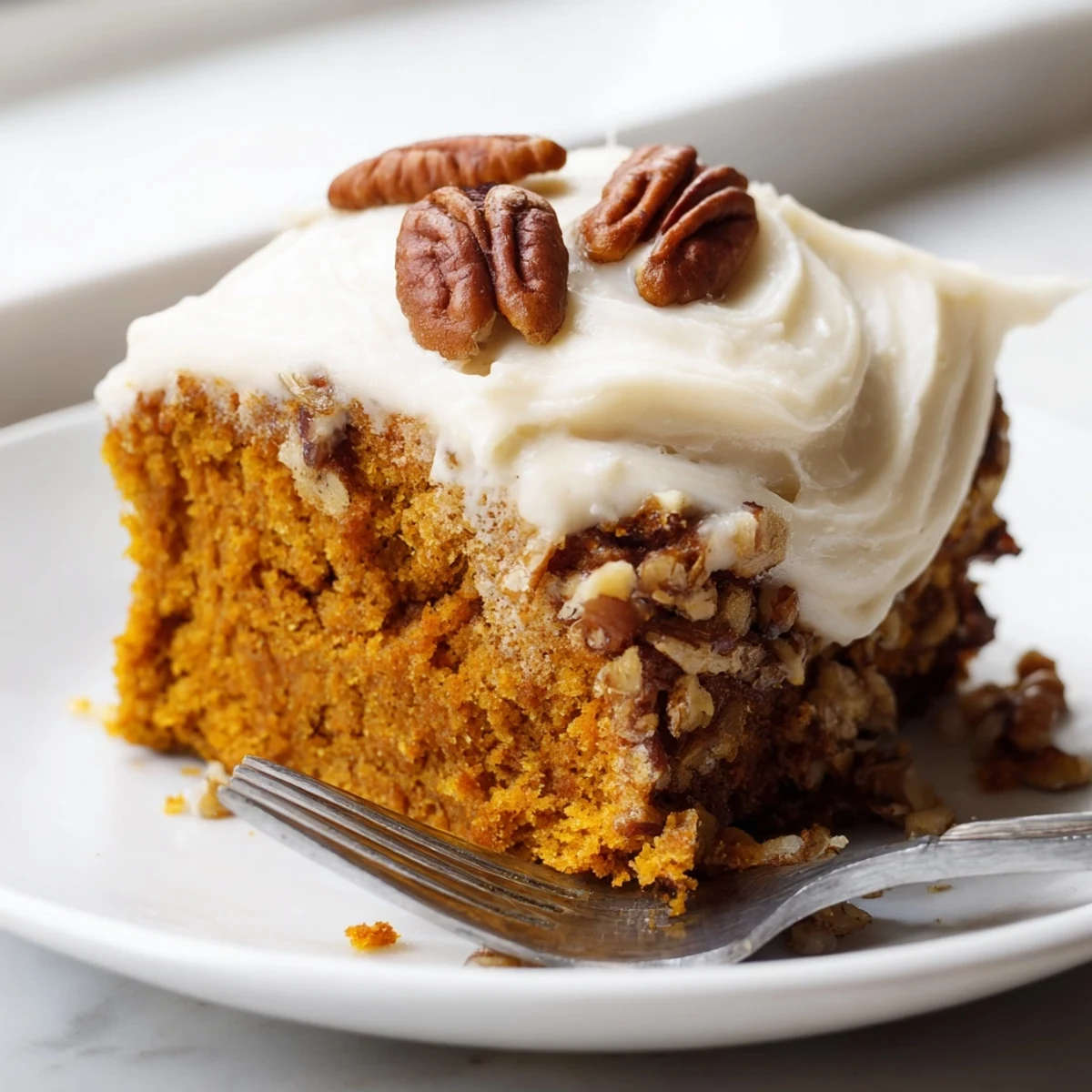 A golden slice of pumpkin pecan cake with thick cinnamon cream cheese icing on a rustic plate