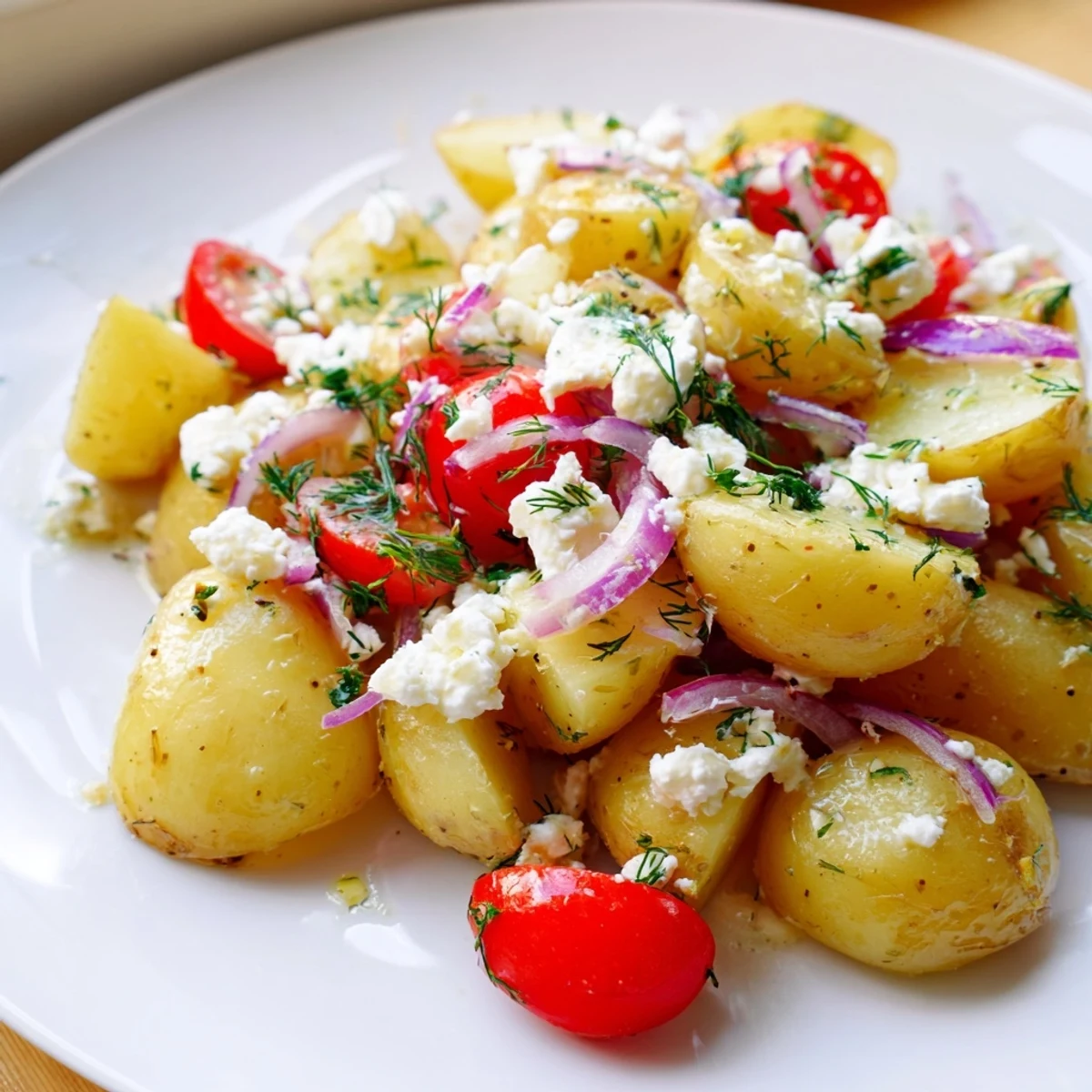Creamy potato and feta salad topped with crumbled cheese and fresh herbs