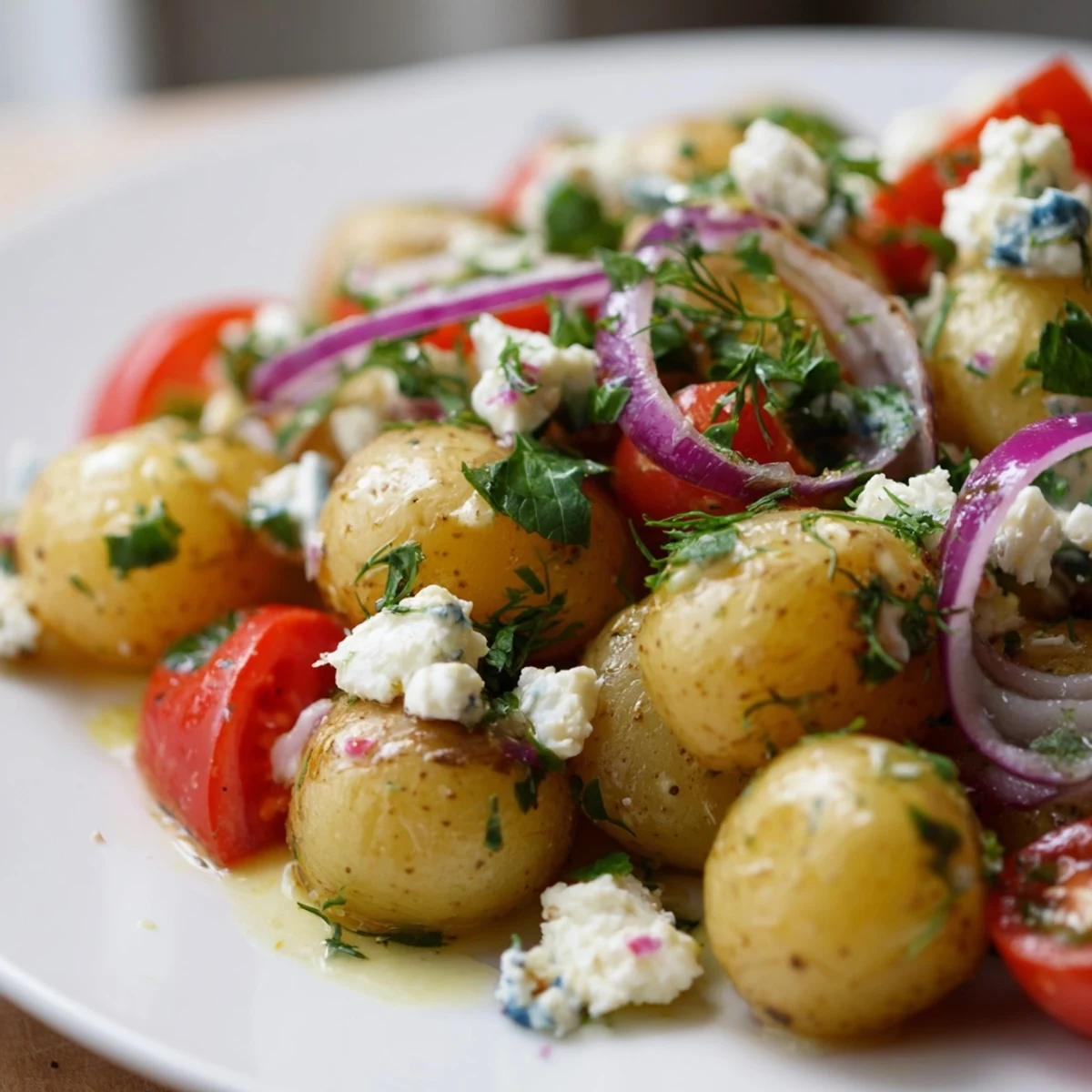 Warm potato and feta salad tossed with cherry tomatoes, dill, and lemon dressing