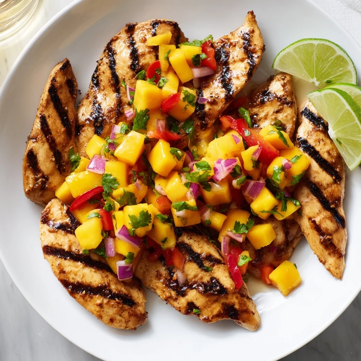 Honey lime chicken sliced and topped with fresh colorful tropical mango salsa