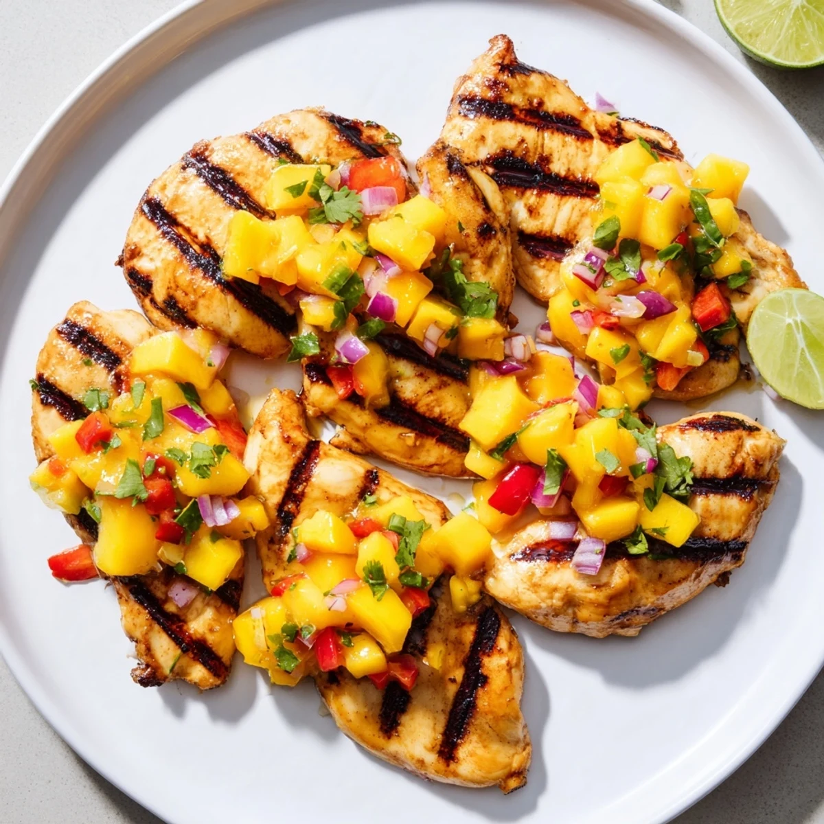 Golden grilled honey lime chicken with vibrant mango salsa on a rustic plate