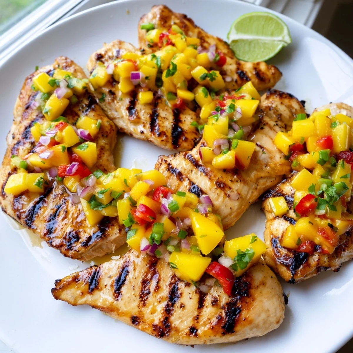 Juicy honey lime chicken breasts served alongside bright chunky mango salsa garnished with cilantro