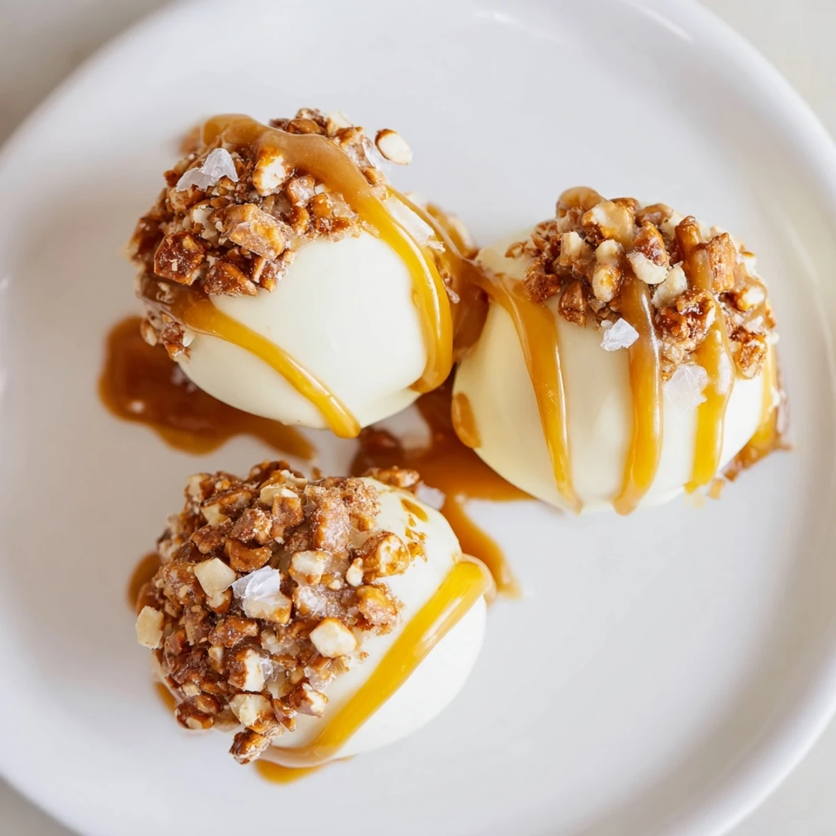 Golden-dipped salted caramel pretzel cheesecake balls topped with crushed pretzels and flaky salt
