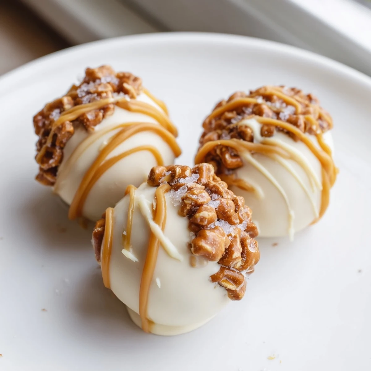 Bite-sized salted caramel pretzel cheesecake balls coated in white chocolate with a sticky caramel drizzle