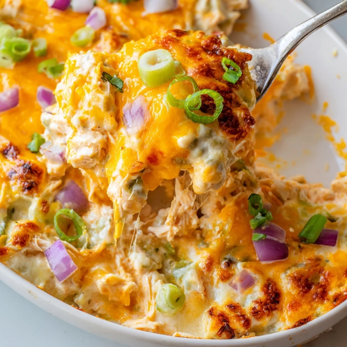 Steaming spoonful of jalapeno buffalo chicken casserole with melted cheddar and creamy buffalo sauce