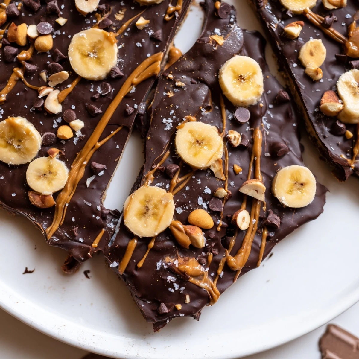 Viral chocolate banana bark topped with crushed peanuts and a drizzle of peanut butter