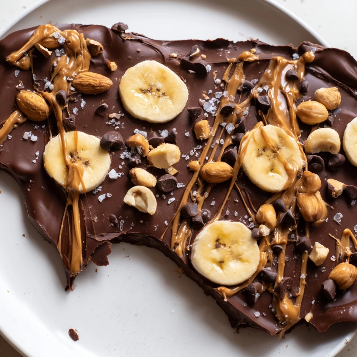 Glossy dark chocolate layered over ripe bananas in this frozen viral chocolate banana bark