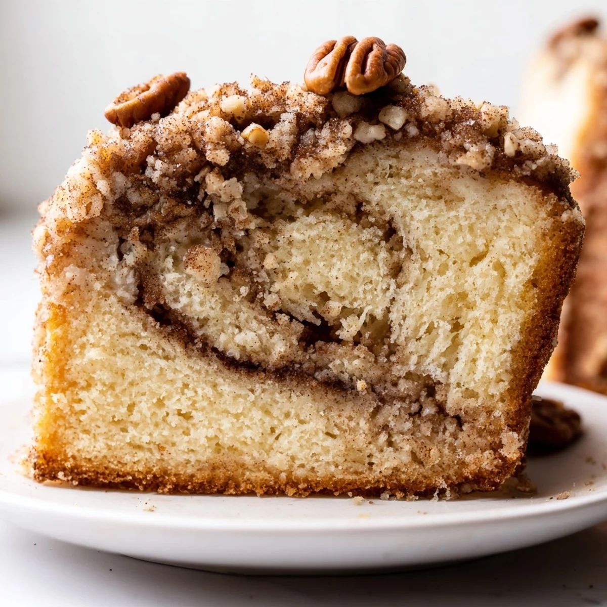 Warm slice of cinnamon pecan crunch coffee cake topped with golden toasted pecans on a rustic plate