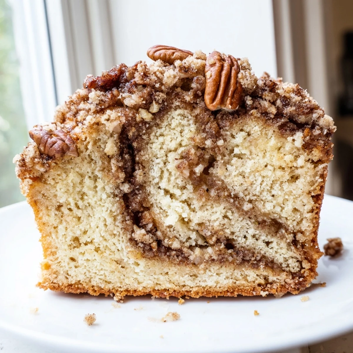 Moist cinnamon pecan crunch coffee cake with swirls of spiced brown sugar and crunchy nut filling
