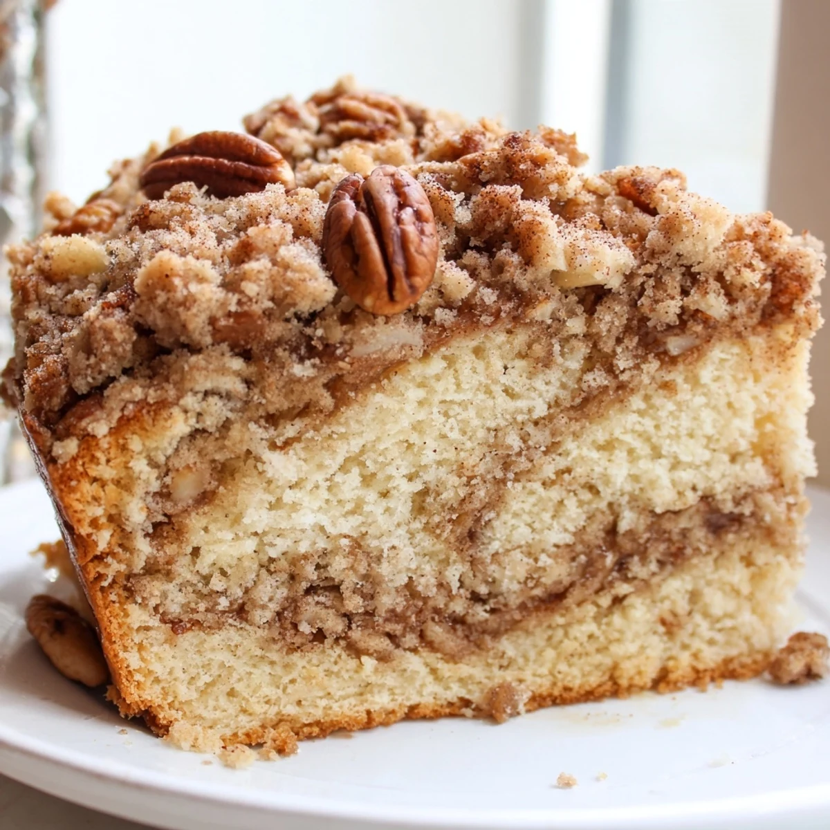 Freshly baked cinnamon pecan crunch coffee cake dusted with cinnamon and served on a white dish