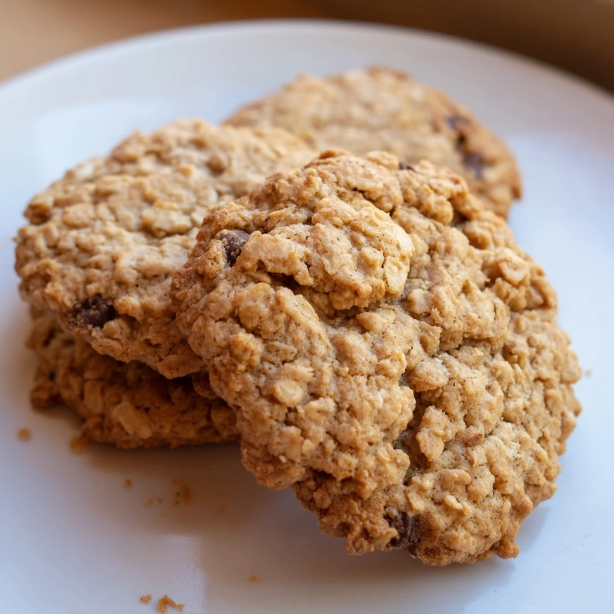Chewy banana oatmeal cookies stacked on a plate beside a glass of milk