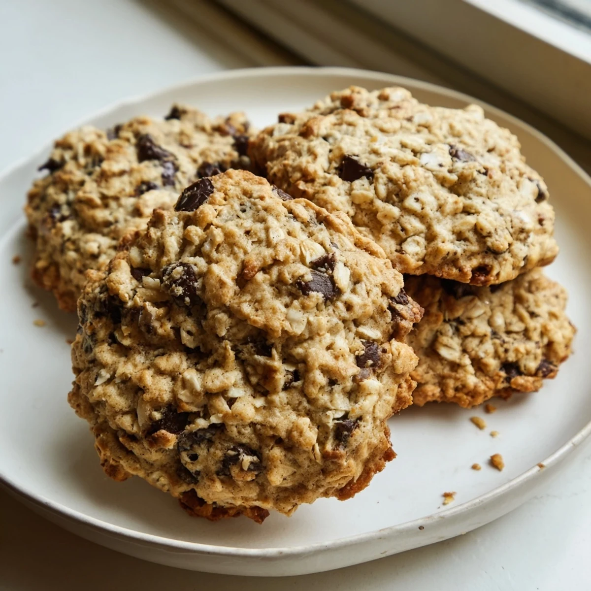 A chewy banana oatmeal cookie broken open revealing a soft tender crumb texture