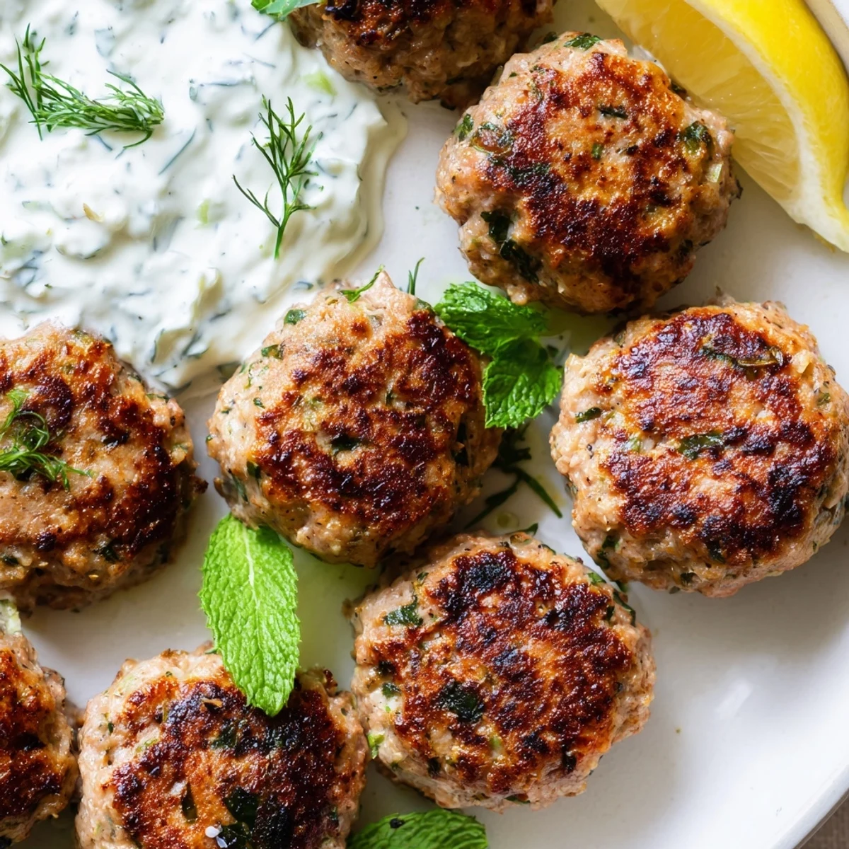 Golden Greek turkey meatballs nestled beside a bowl of cool, creamy tzatziki sauce