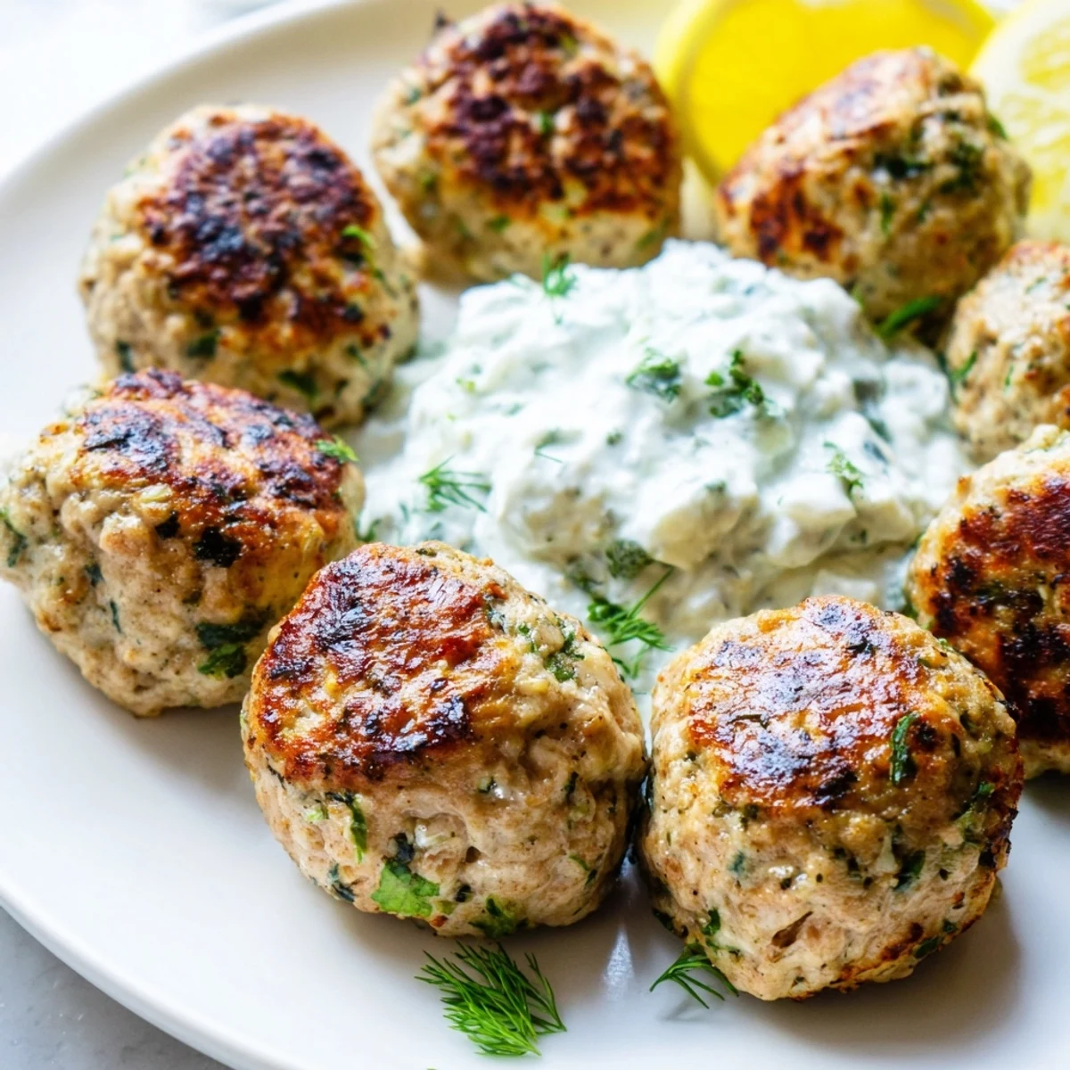 Herb-flecked Greek turkey meatballs drizzled with tzatziki on a rustic white dinner plate