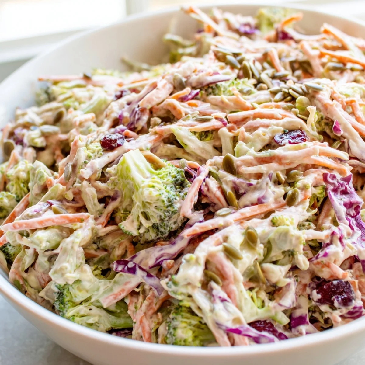 Creamy broccoli slaw with cranberries and sunflower seeds in a tangy dressing
