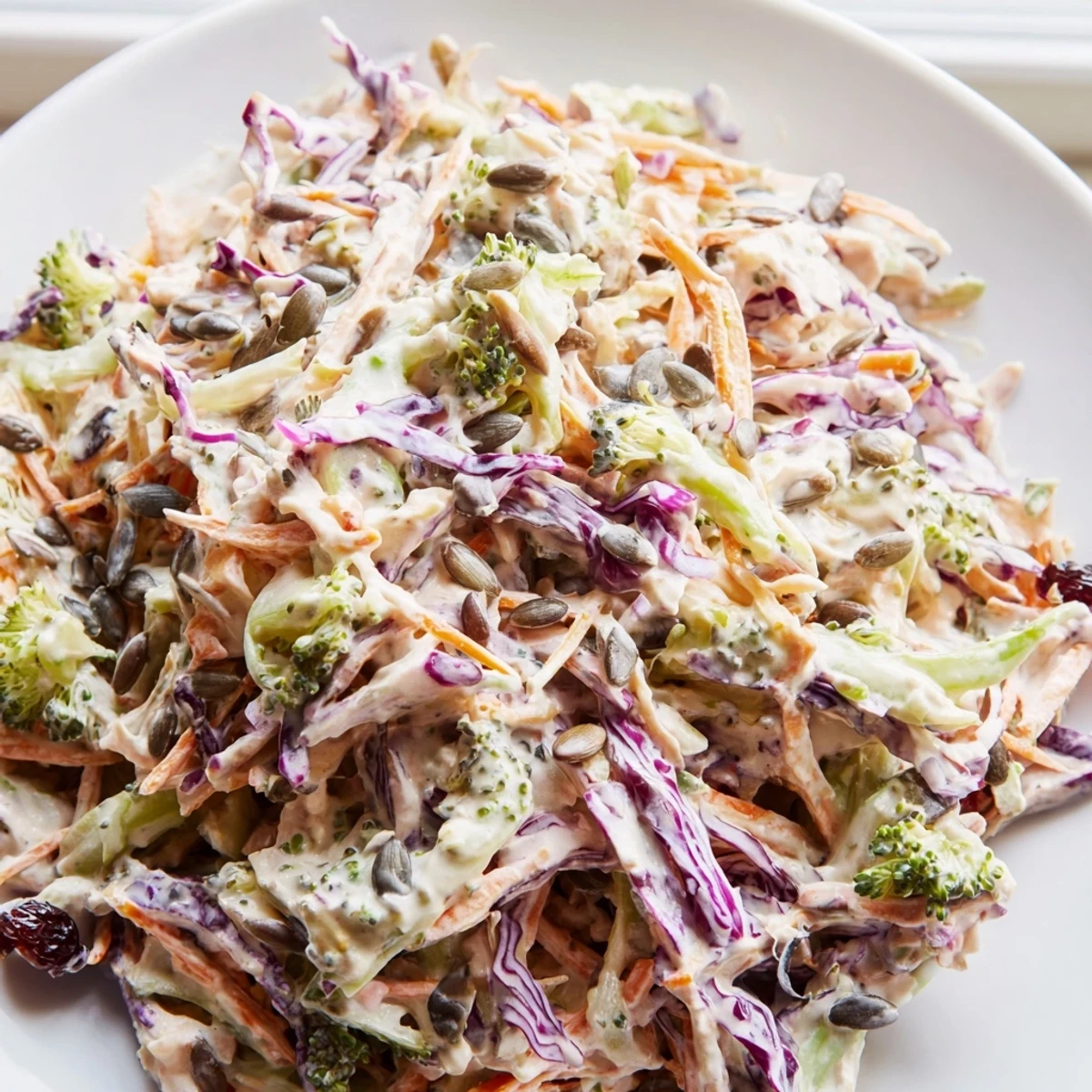 Colorful broccoli slaw topped with dried cranberries, served fresh in a bowl