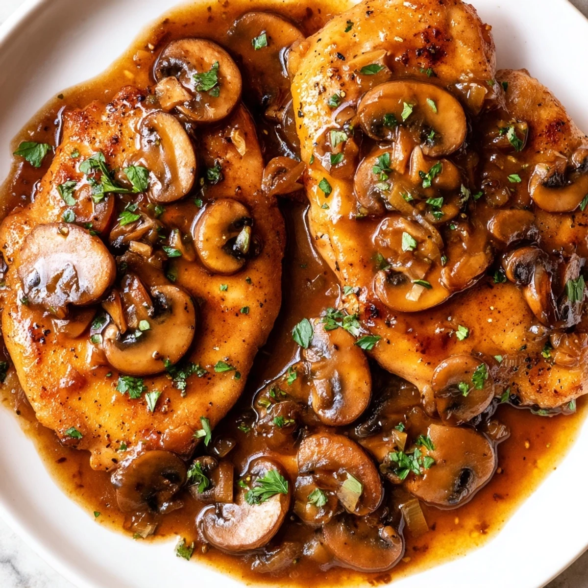 Golden dairy-free Chicken Marsala with mushrooms in a rich Marsala wine sauce