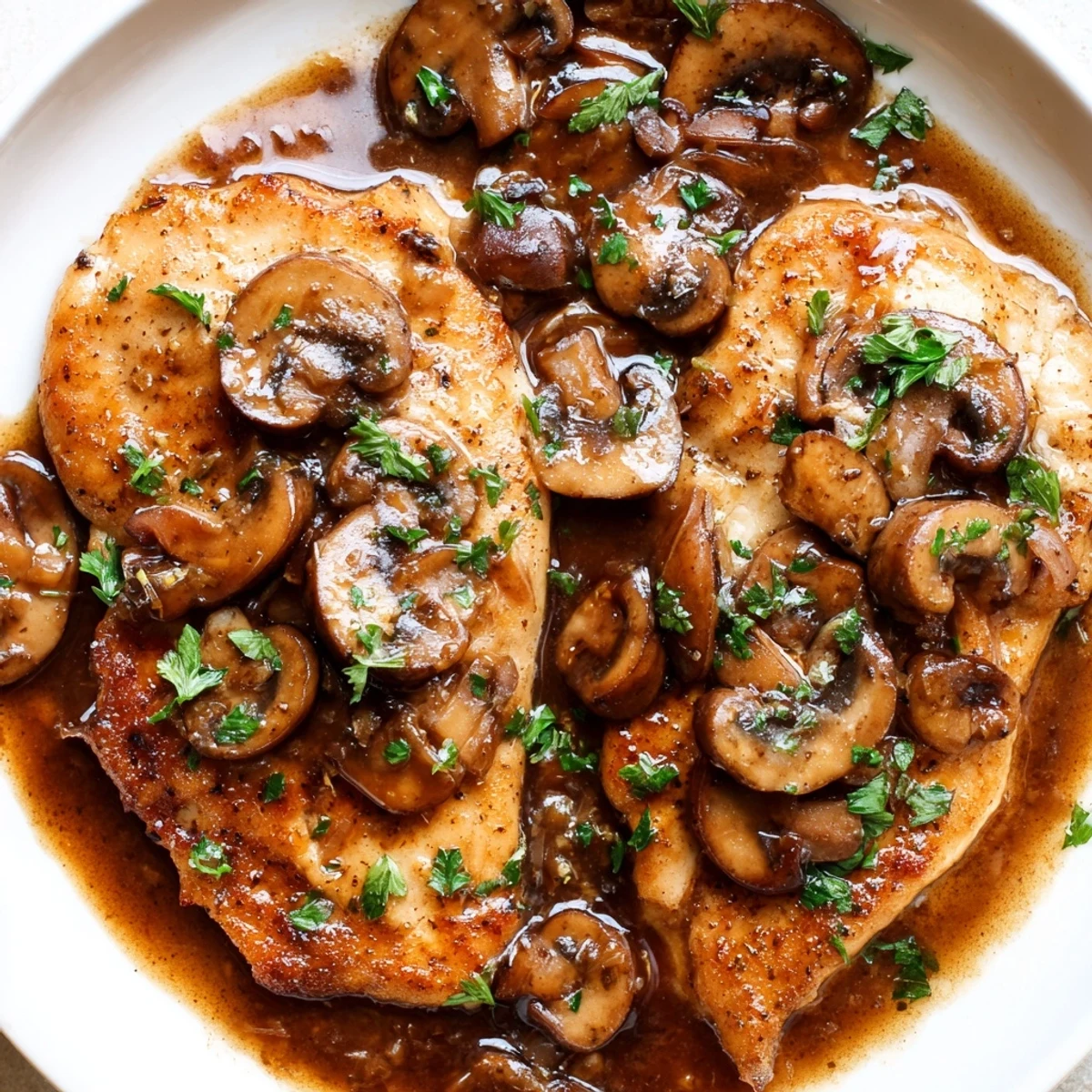Tender pan-seared Chicken Marsala topped with savory mushrooms and fresh parsley