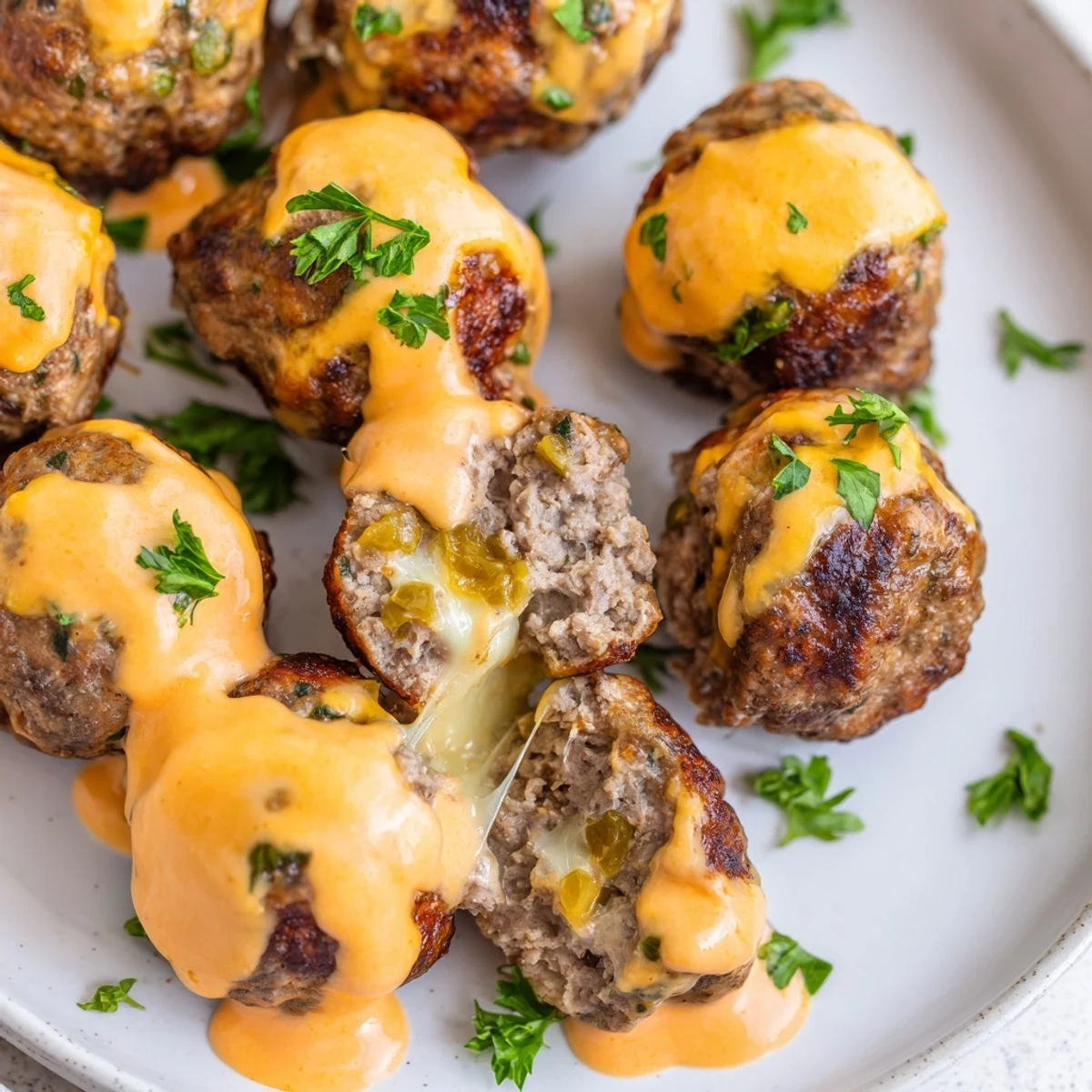 Cheese stuffed meatballs with gooey centers nestled in a bold cheddar sauce