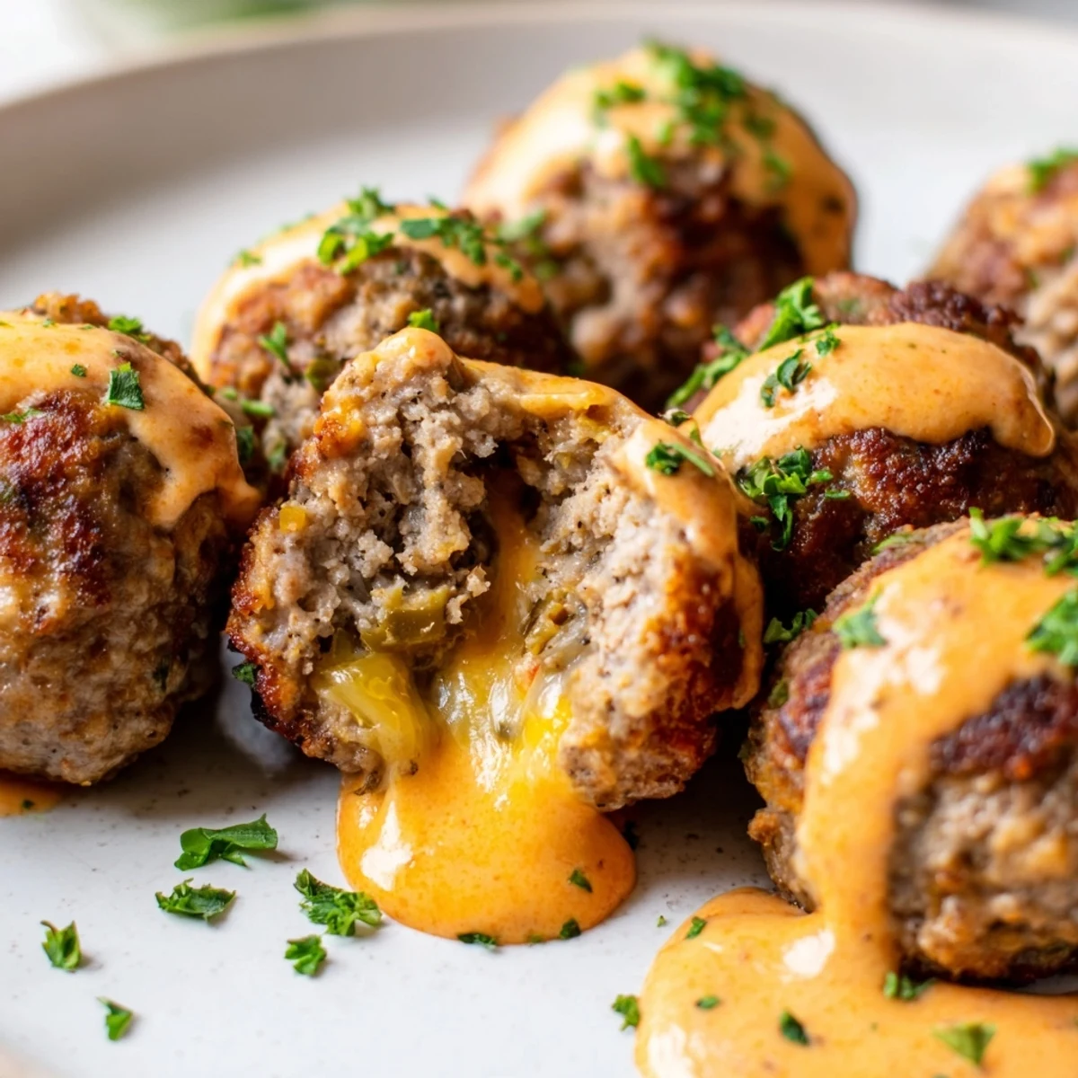 Golden baked cheese stuffed meatballs draped in creamy spicy cheese sauce