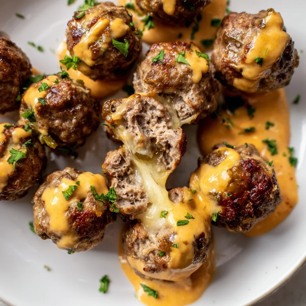 Tender cheese stuffed meatballs resting in a rich spicy cheese sauce