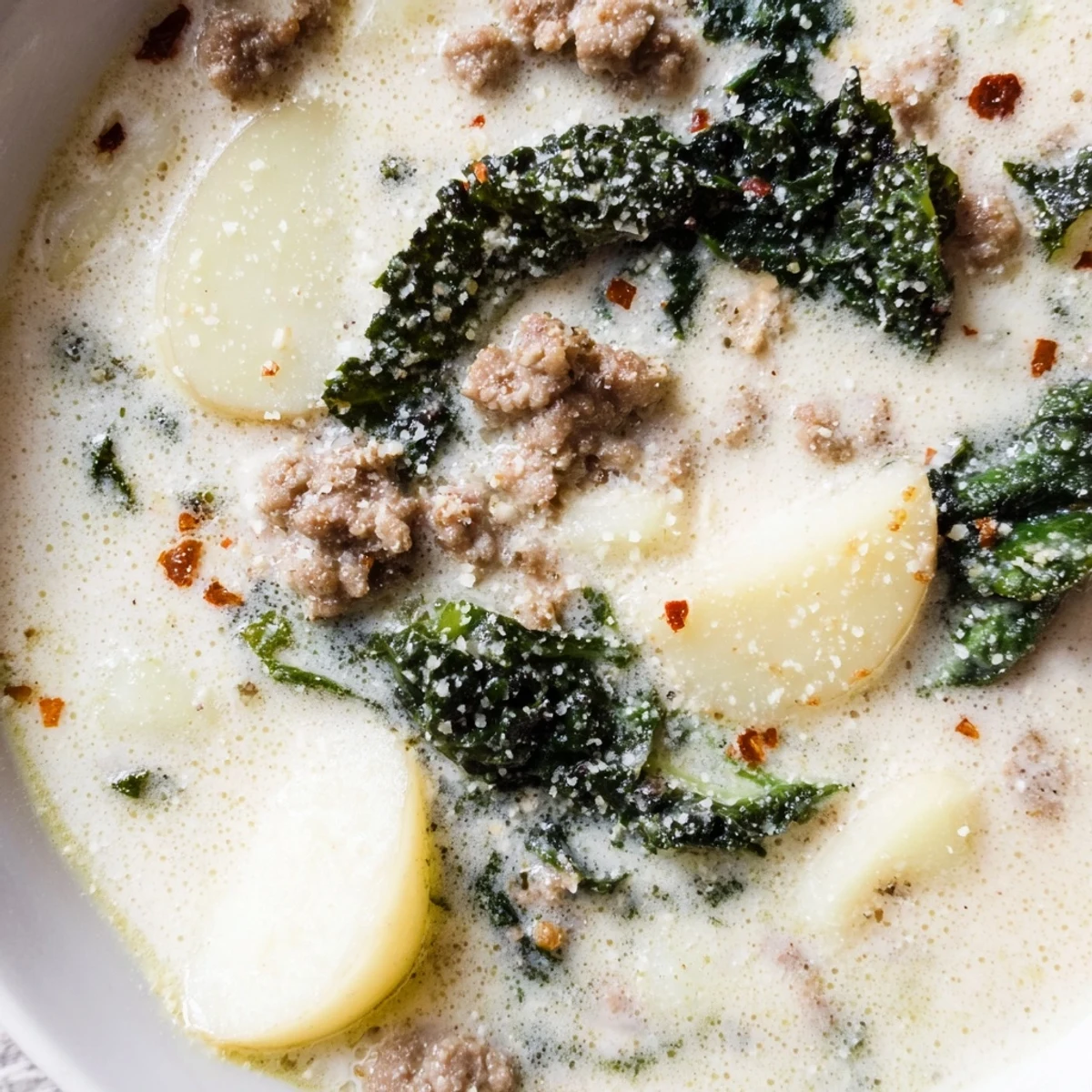 Creamy Zuppa Toscana soup loaded with sausage, potatoes, and wilted kale