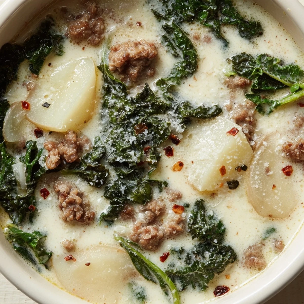 Steaming bowl of Zuppa Toscana soup topped with grated Parmesan cheese
