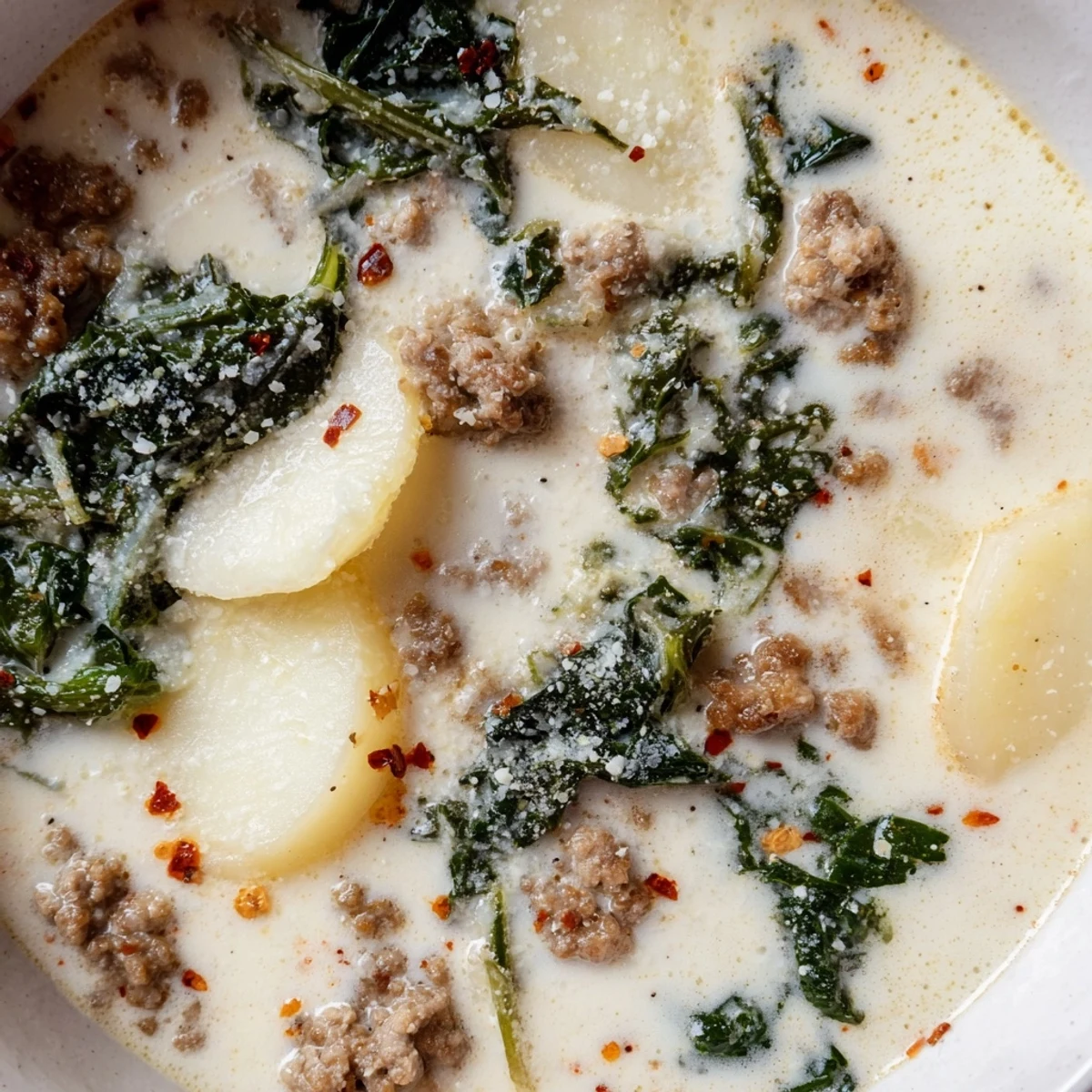 Hearty Zuppa Toscana soup with crumbled sausage and tender potato slices