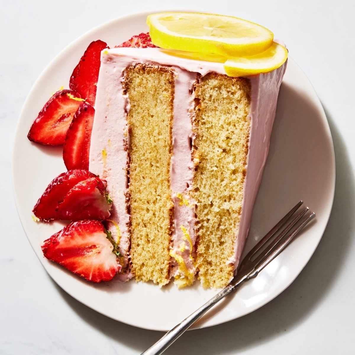 Frosted strawberry lemonade cake garnished with fresh berries and citrus slices on a summer dessert table