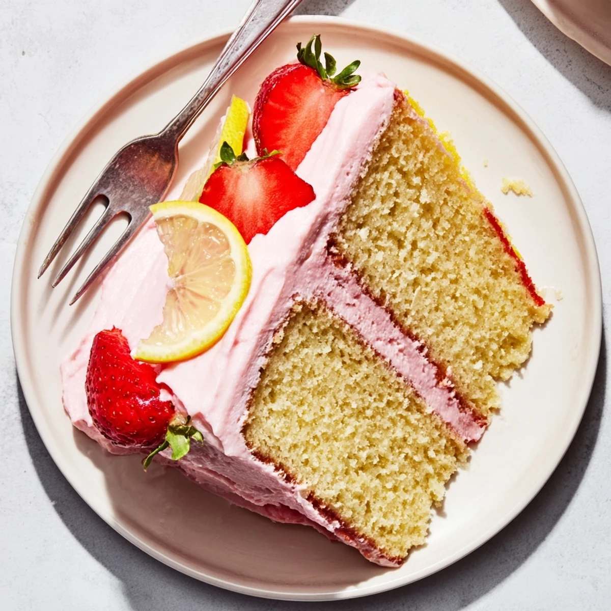 A tall strawberry lemonade cake layered with pink cream cheese frosting ready for a festive gathering