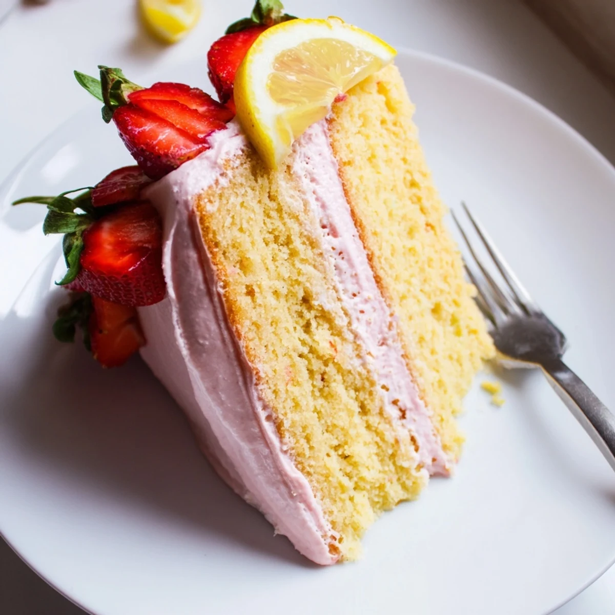 Moist strawberry lemonade cake sliced to reveal a tender crumb topped with swirls of tangy pink frosting