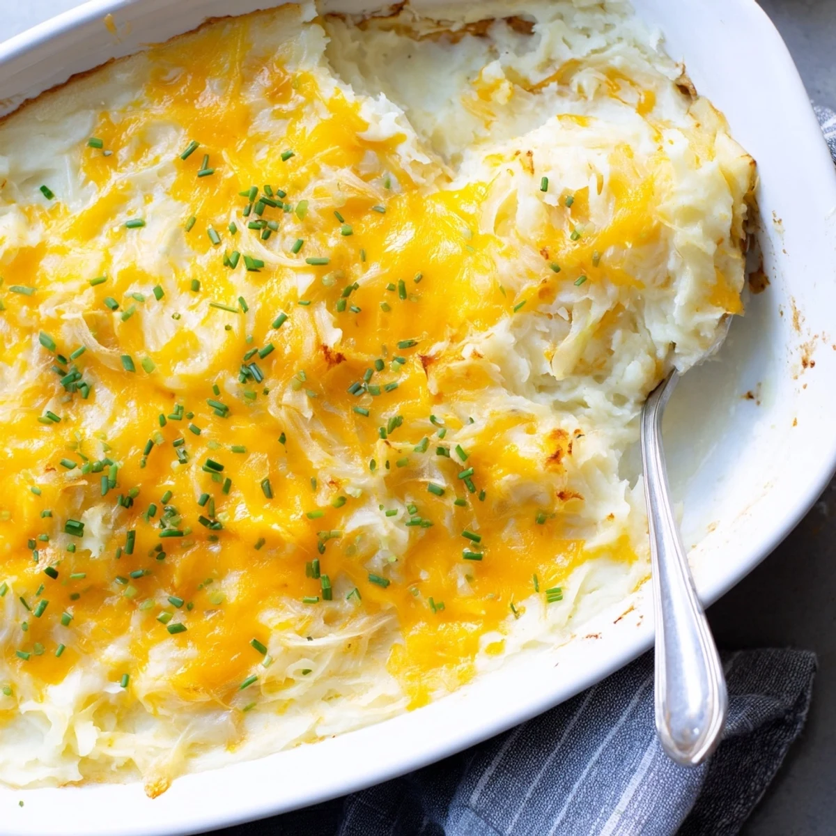 Creamy cheesy onion mashed potato casserole scooped onto a plate with caramelized onion garnish