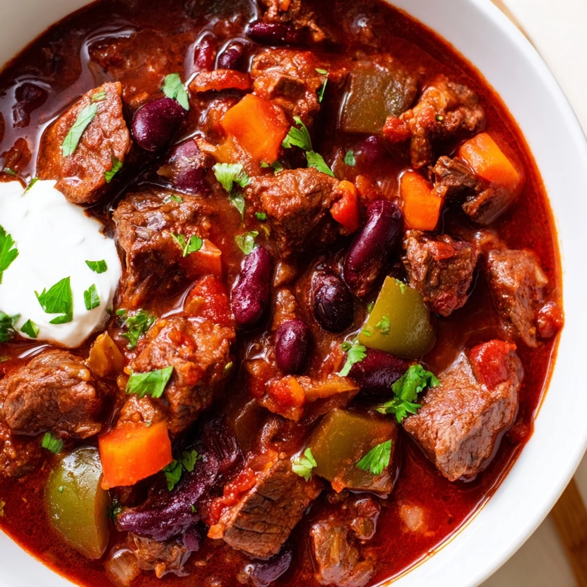 Steaming bowl of beefy chili stew with tender chunks of beef and red kidney beans
