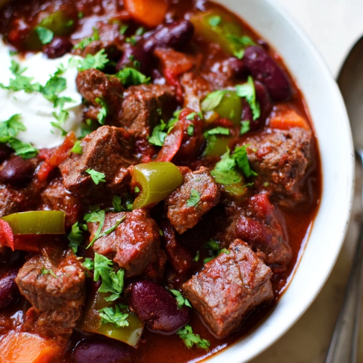 Thick beefy chili stew topped with a dollop of sour cream and fresh cilantro