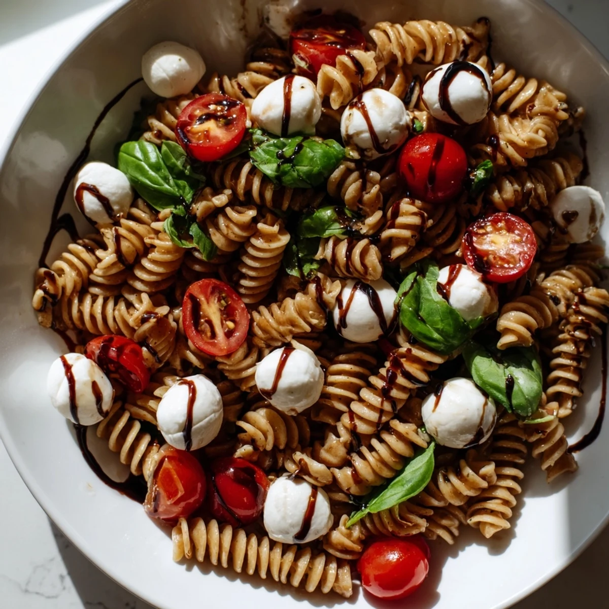 Colorful Caprese Pasta Salad with juicy cherry tomatoes and creamy mozzarella on a rustic platter