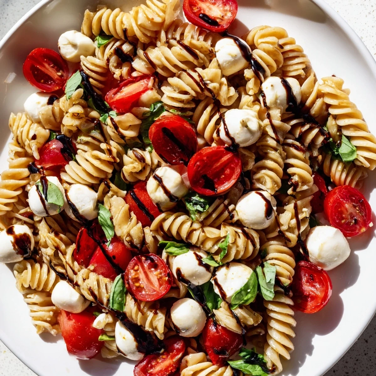 Fresh Caprese Pasta Salad tossed with torn basil and drizzled with balsamic glaze