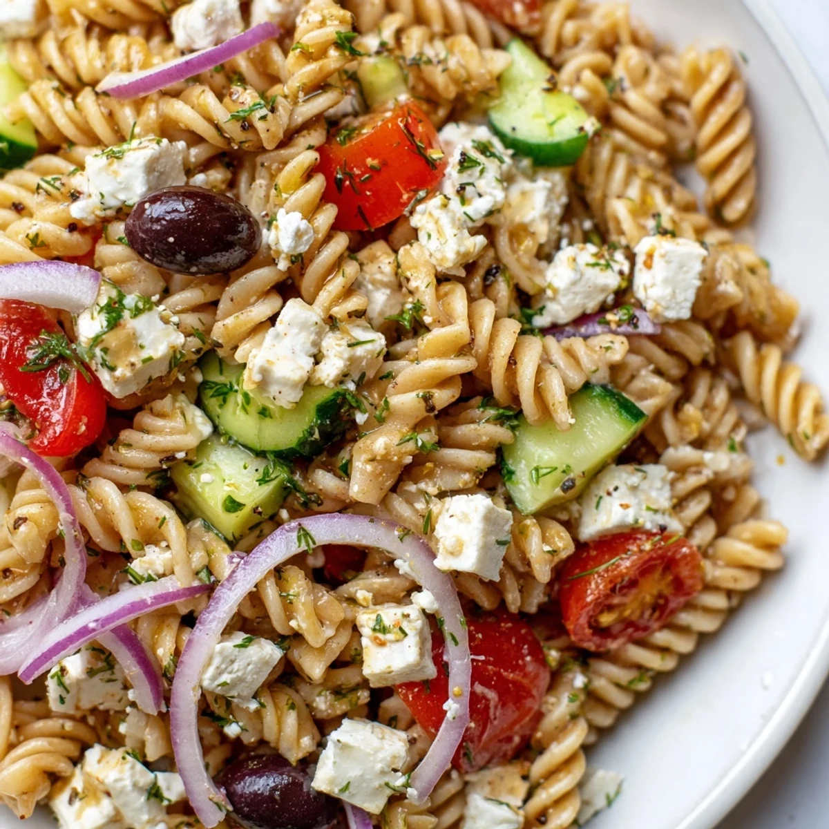 Creamy Greek pasta salad tossed with cherry tomatoes, cucumbers, and crumbled feta cheese