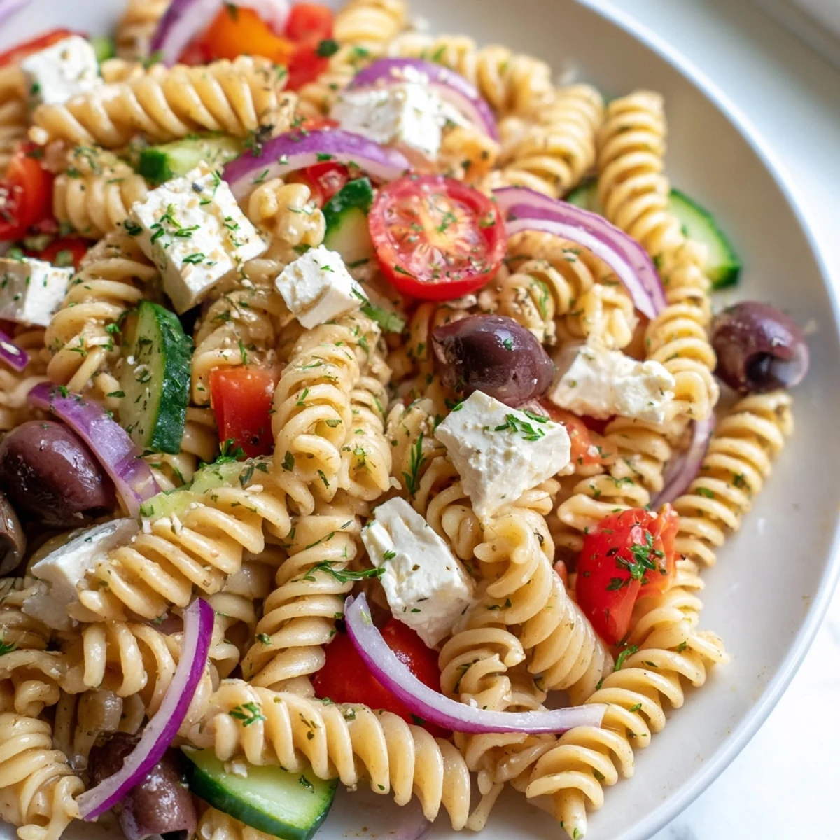 Colorful Greek pasta salad loaded with feta, olives, and crisp vegetables in a zesty dressing