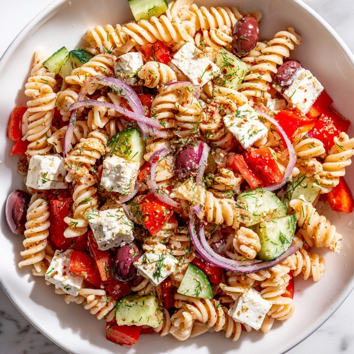 Chilled Greek pasta salad served in a rustic bowl with fresh herbs and Kalamata olives