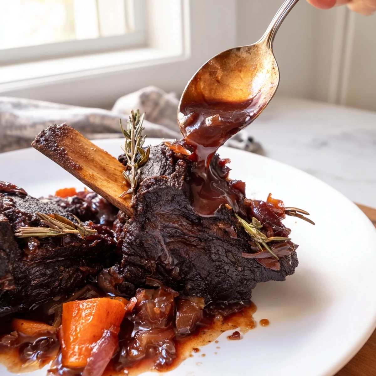Fall-off-the-bone beef short ribs nestled in rich red wine braising sauce with tender vegetables