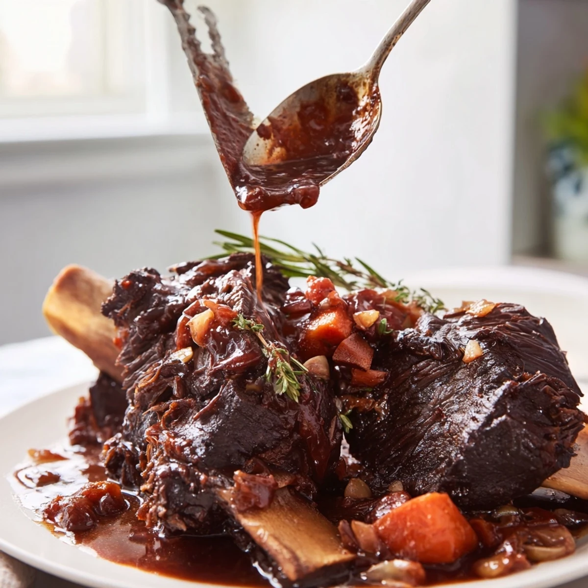 Succulent oven braised beef short ribs glistening with savory herb-infused gravy on a rustic platter