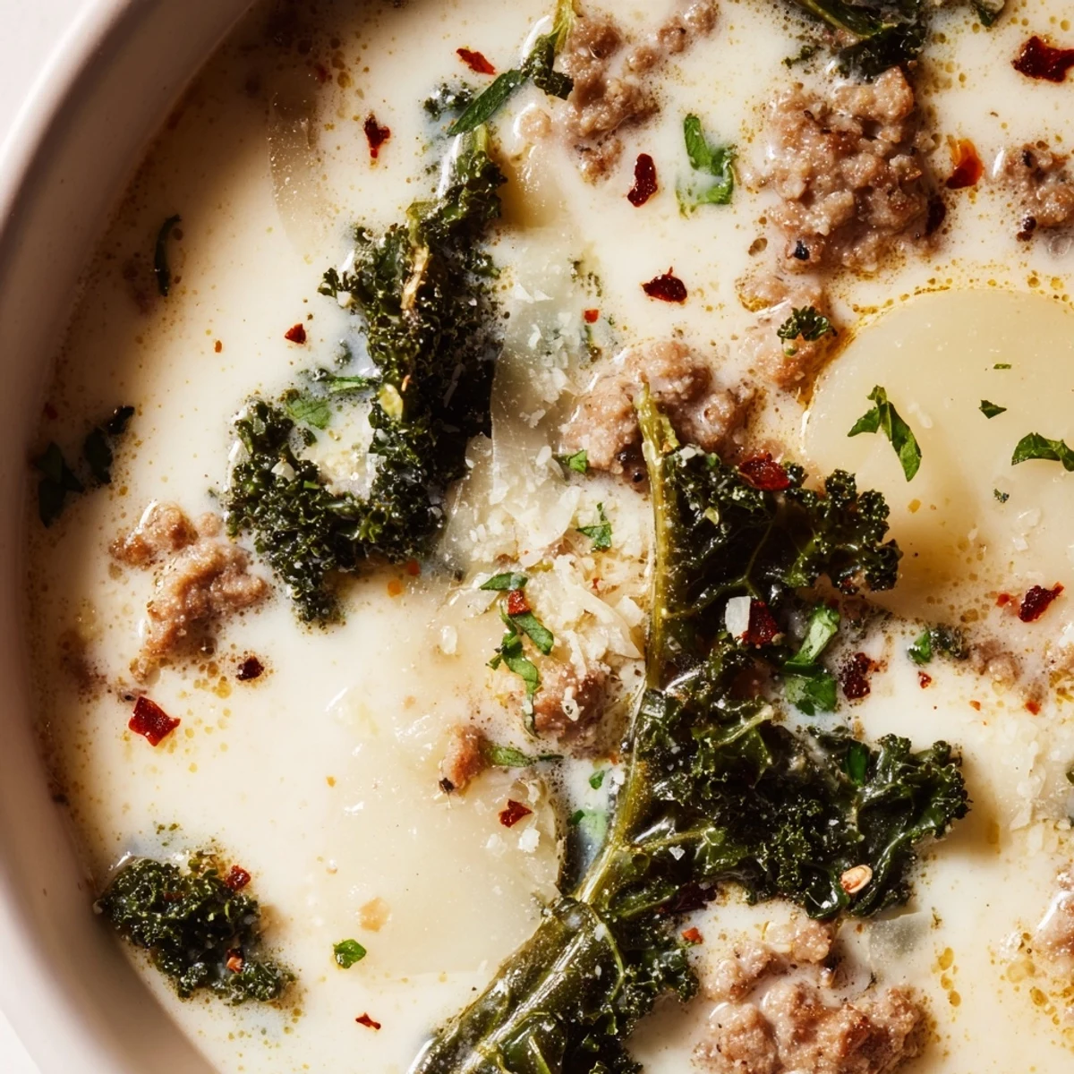 Creamy Zuppa Toscana soup with crumbled sausage, tender potatoes, and wilted kale in a white bowl.