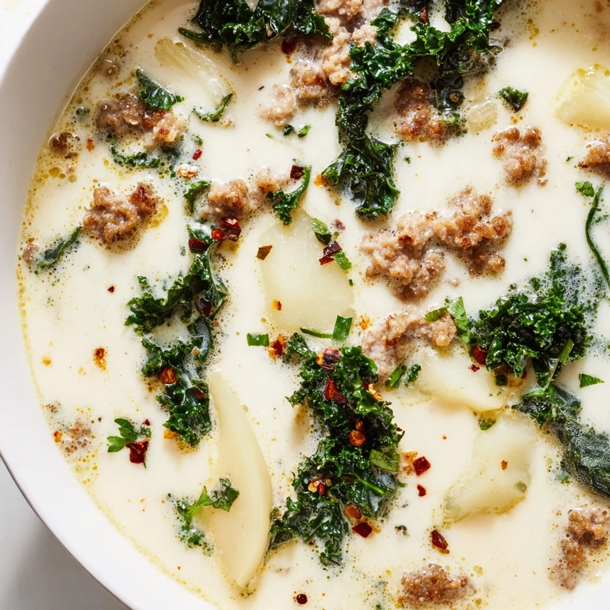 Steaming bowl of Zuppa Toscana soup topped with grated Parmesan and fresh parsley garnish.
