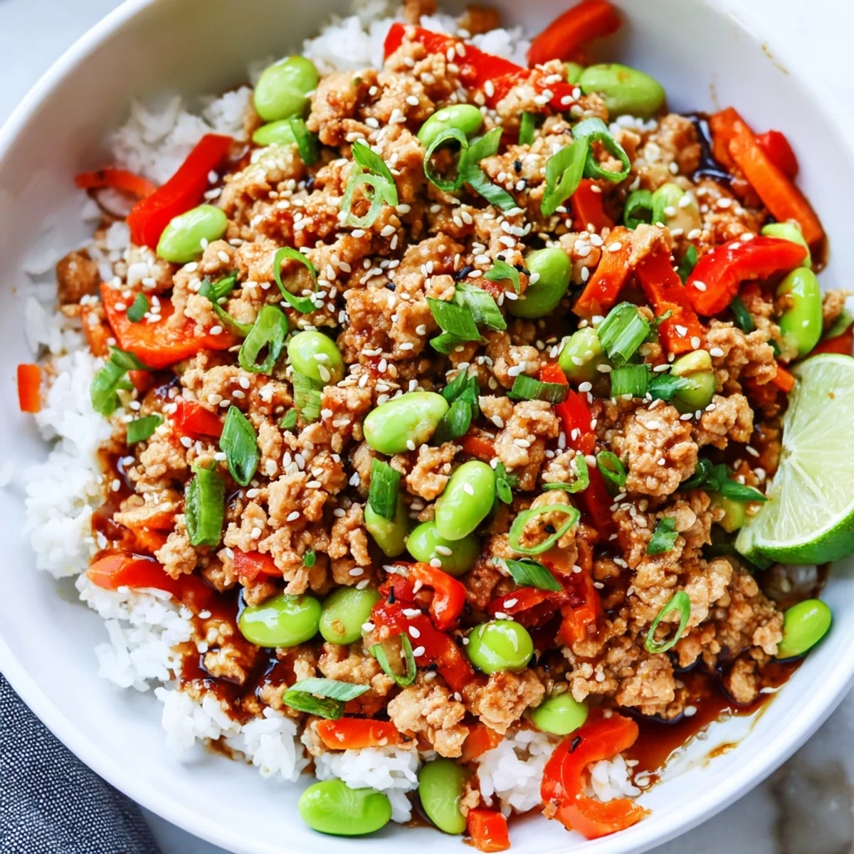 Colorful ground turkey rice bowls topped with sesame seeds and fresh cilantro on white plates