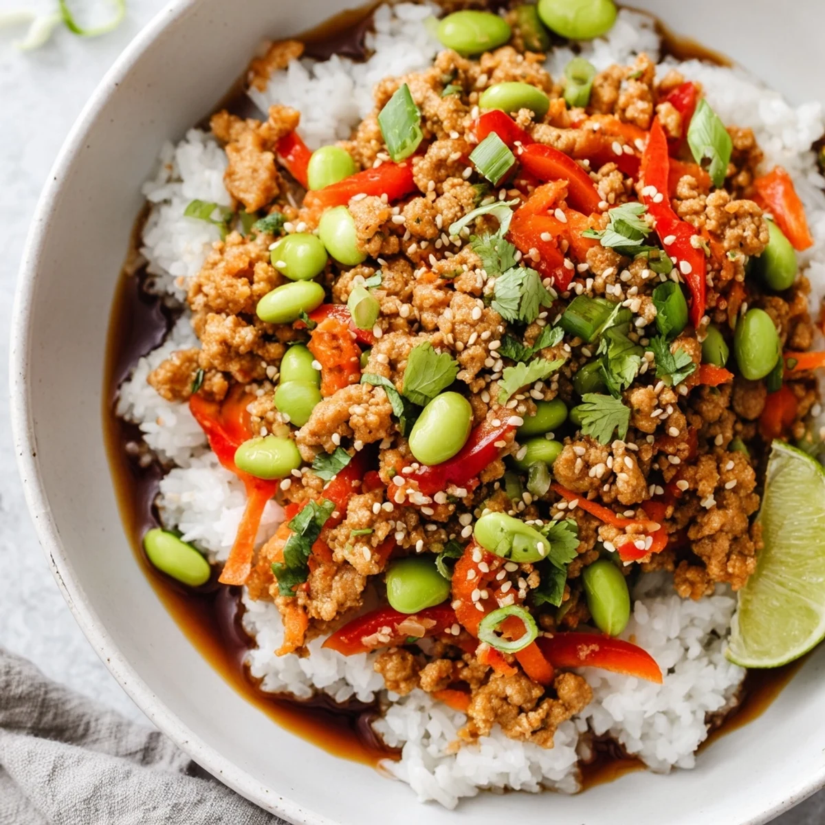 Steaming ground turkey rice bowls with tender vegetables drizzled in savory soy ginger sauce