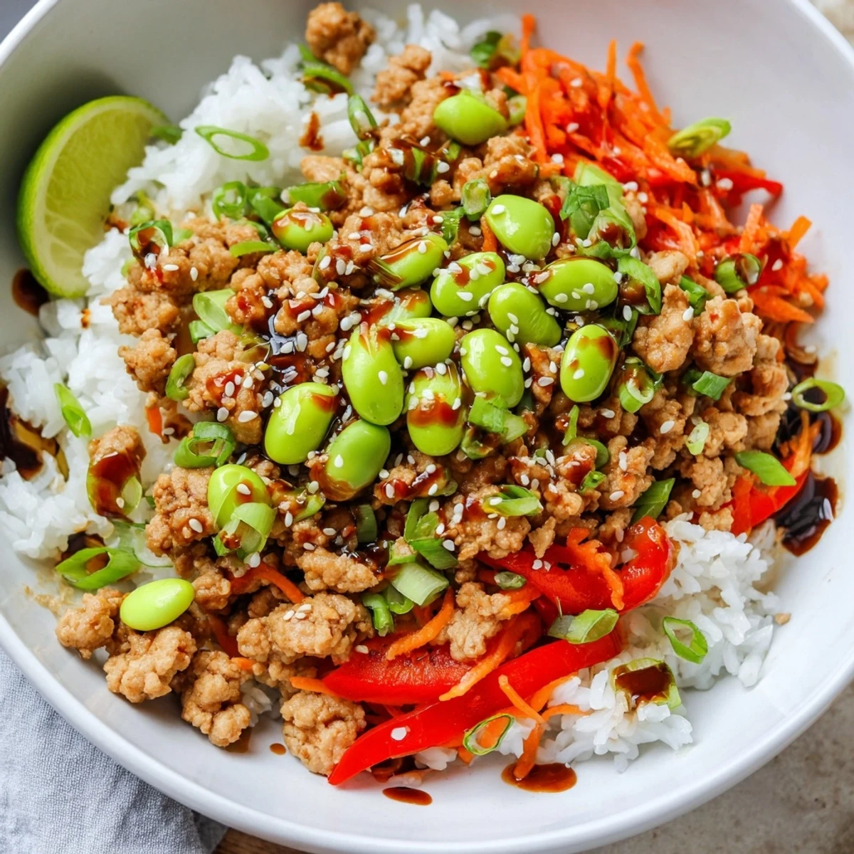 Hearty ground turkey rice bowls garnished with green onions and lime wedges ready to serve