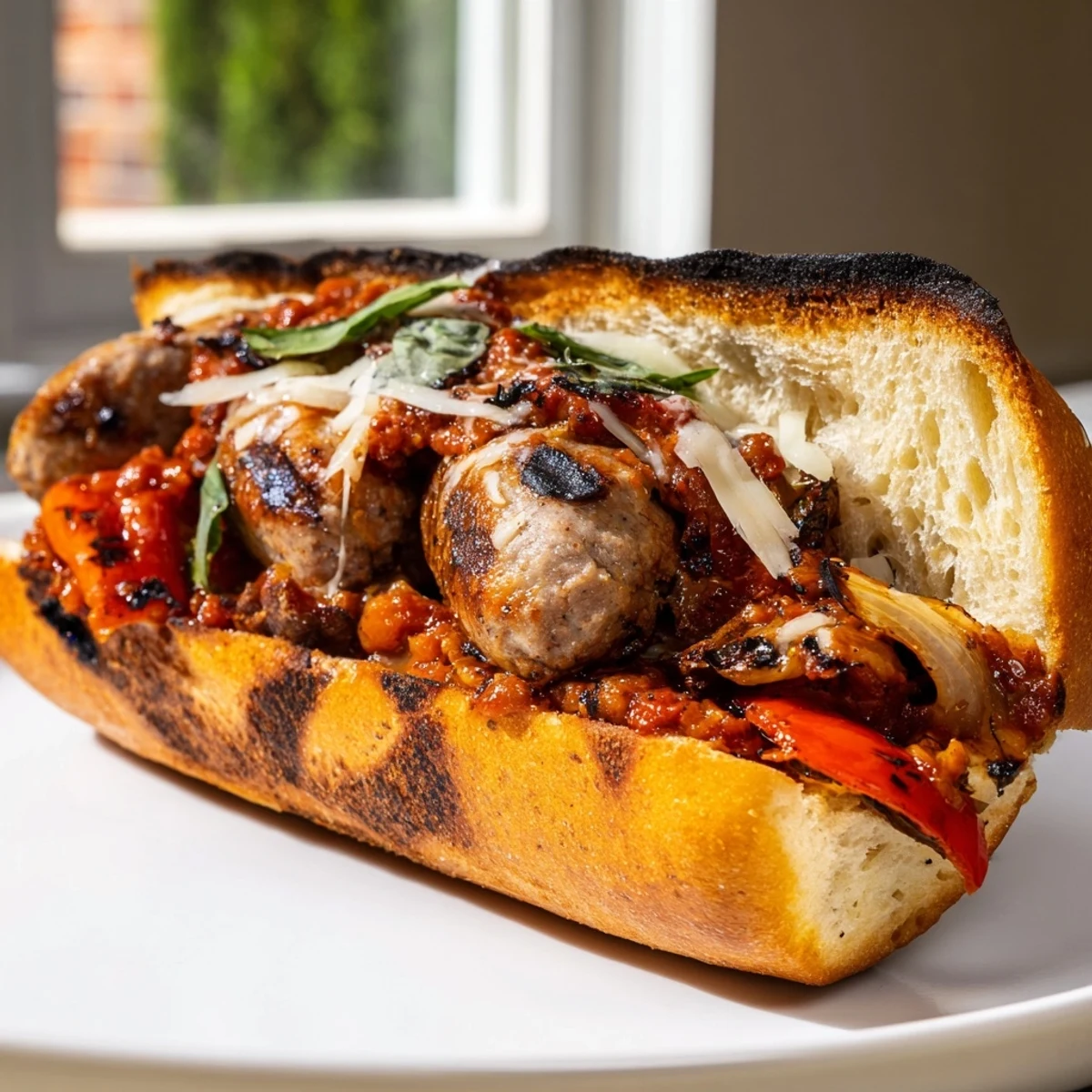 Smoky grilled sausage grinders with charred tomato sauce on toasted crusty rolls