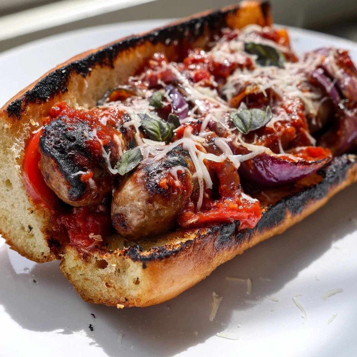 Juicy Italian sausages tucked into golden hoagie buns smothered in smoky grilled tomato sauce