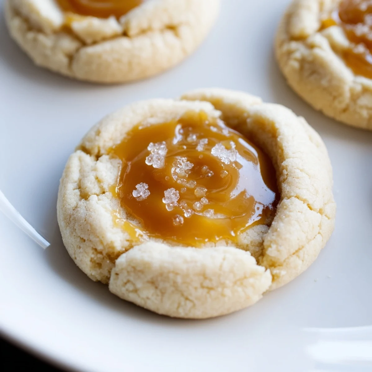 Creamy caramel cheesecake cookies topped with rich swirled caramel sauce close-up